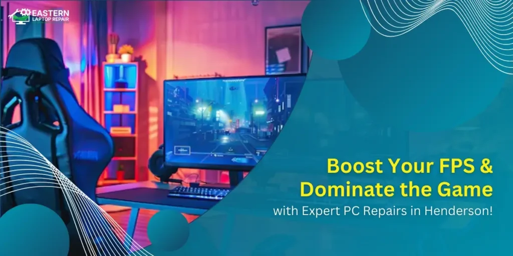 A gaming setup with neon lighting, a high-end monitor displaying a game, and a gaming chair, promoting expert PC repairs in Henderson to boost FPS.