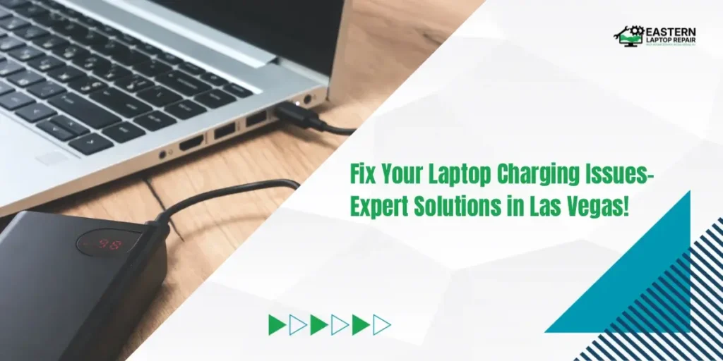 Laptop connected to a power bank, showing laptop is not charging due to charging port issues and for expert repair solutions in Las Vegas