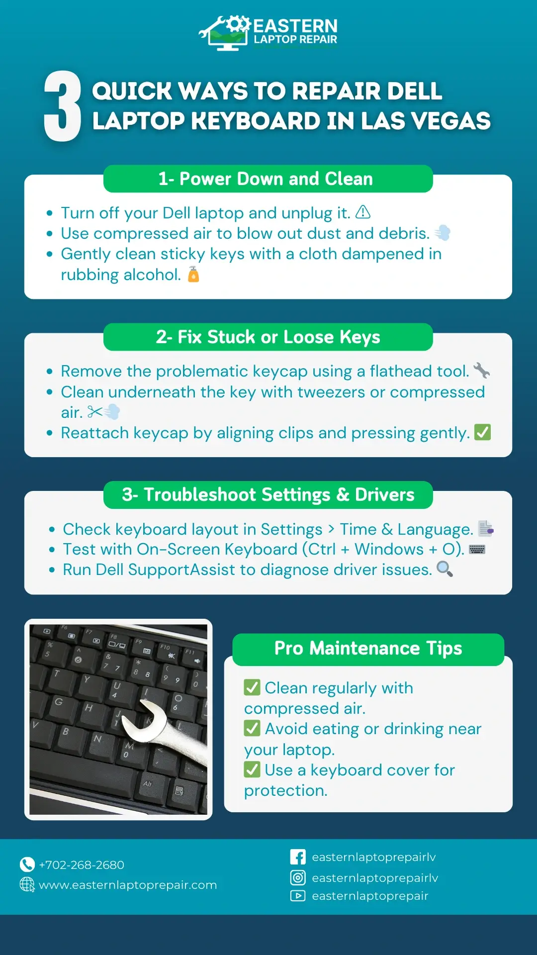 guide to repairing Dell laptop keyboards in Las Vegas, including cleaning, fixing keys, and troubleshooting